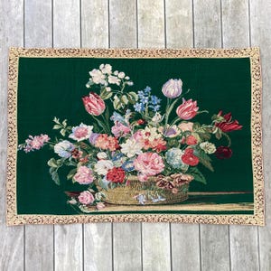 XL Vintage French Woven Wall Tapestry, Floral Wall Tapestry, Textile Wall Hanging with Colorful Flowers in Basket, Cotton Blend Tapestry