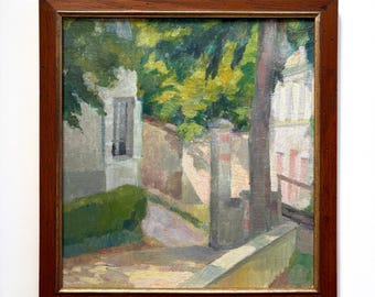 Peinture à l'huile originale française vintage : vue de rue encadrée, scène de village aux couleurs pastel