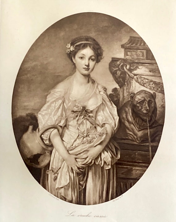 大型アンティークフランス版画：オーク材の額縁に入った少女の肖像画