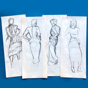 Set of 4 Large Vintage French Original Fashion Drawings, 1940s Women&#39;s Fashion Sketches, Charcoal Croquis Drawings, Freehand Drawing