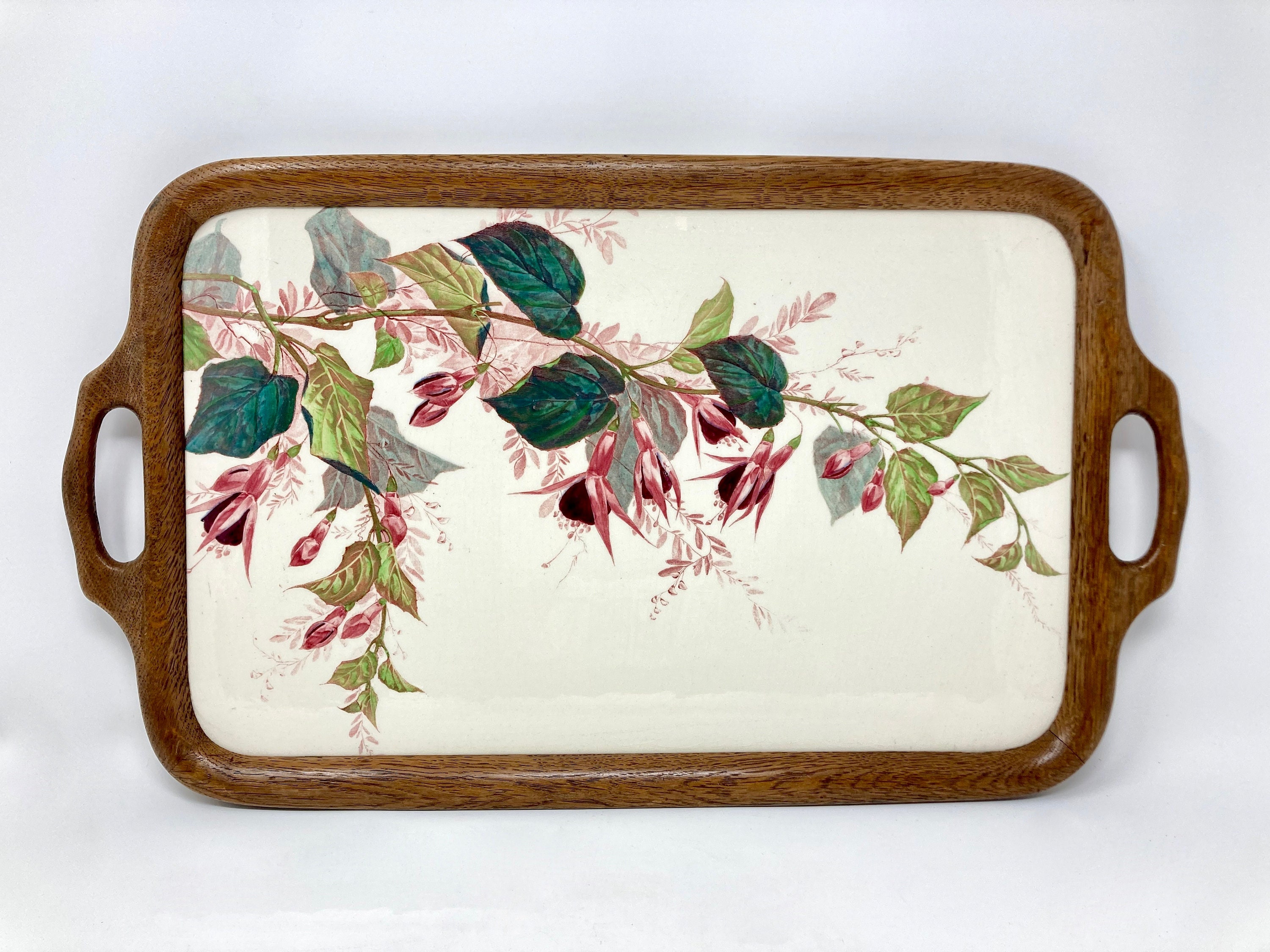 Plateau en Grès et Bois Français Antique avec Impression de Transfert Fleurs, Première Moitié Du 20E