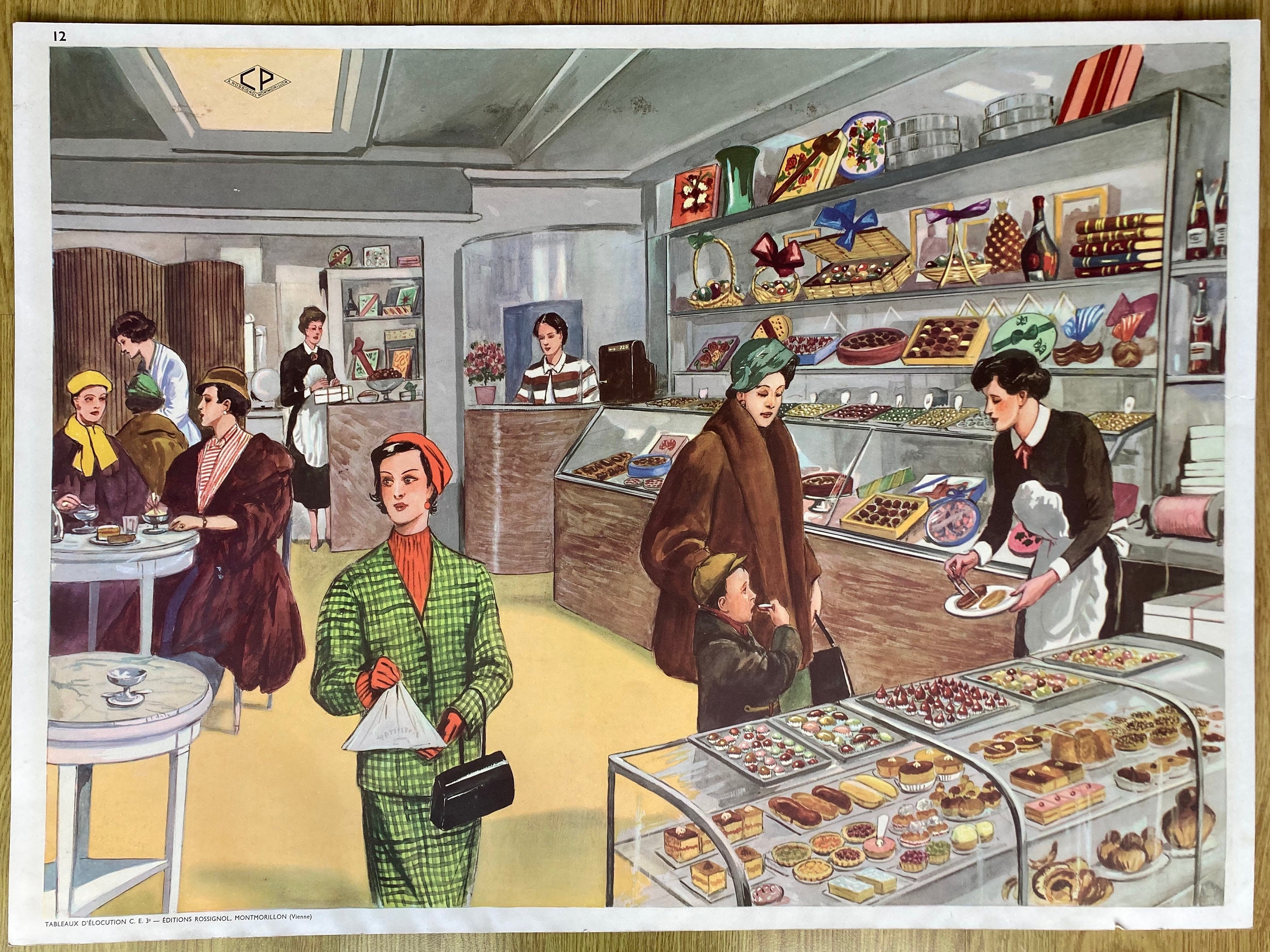 Vintage 1950S Français Educational School Poster Feat. Pâtisserie, Double Face