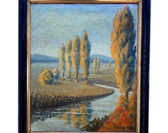 Antico dipinto ad olio originale francese firmato dall'artista e datato 1928, paesaggio autunnale incorniciato con alberi e fiume, antico scenario dell'Alsazia