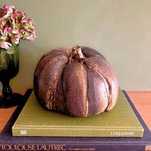May include: A ceramic pumpkin with brown and tan tones sits atop a stack of books. The pumpkin has a textured surface and a stem. The books are green and dark blue, with the title "L'aquarelle" visible on one.