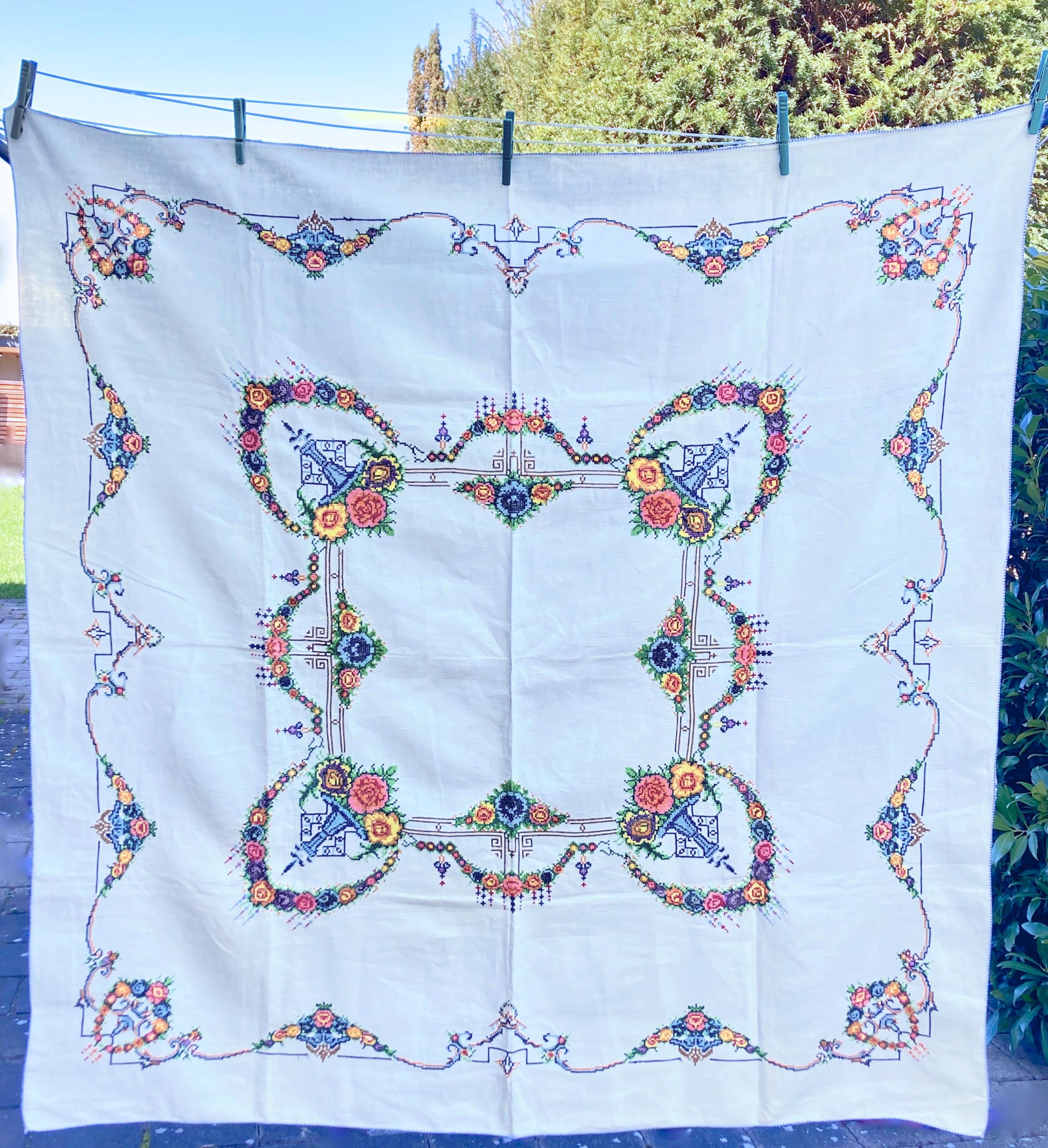 フランス 手刺繍 テーブルクロス アンティーク フランス アンティーク ヴィンテージ テーブルクロス 手刺繍