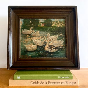 Pintura a óleo original alemã antiga em papelão assinada por Hans Sam, obra de arte emoldurada de patos brancos, pintura de animais antiga, cena campestre