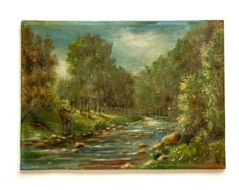 Large Vintage French Original Oil Painting on Canvas Board, Unframed Forest Landscape with Wildlife