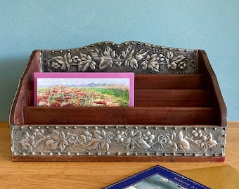 Antique French Wood & Tin Letter Rack: Handcrafted Desktop Organizer