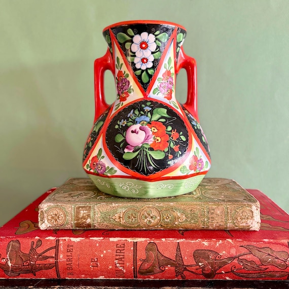 花瓶・フラワースタンド 1970s Tofej Hungary Red Bottle Vase Vintage Czech Porcelain Chodsko Vase: Folk Art Bohemian Vase With