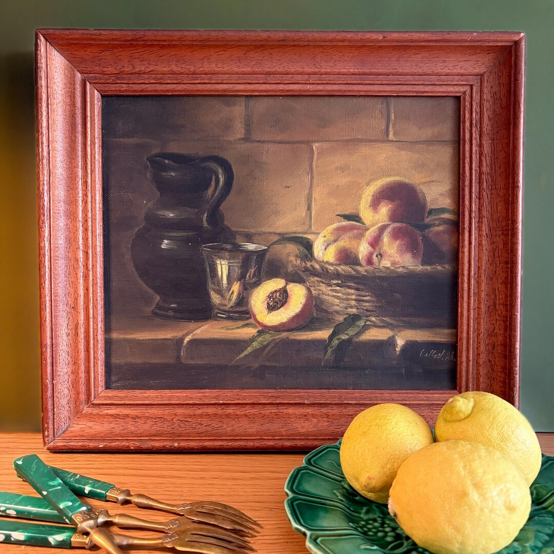 ヴィンテージフランスオリジナル油絵：サイン入り・額入りキッチン静物