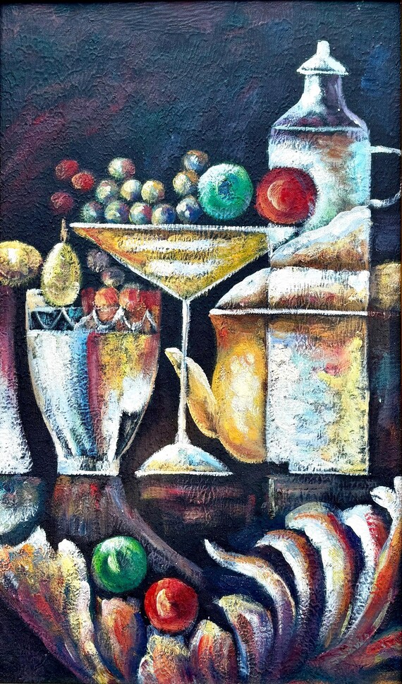 Vintage French Oil Painting: 1980s Framed Cocktail Theme Still