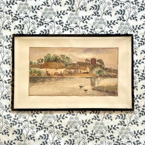 Dipinto originale francese d'epoca, acquerello, firmato dall'artista, scena di campagna francese, paesaggio rurale
