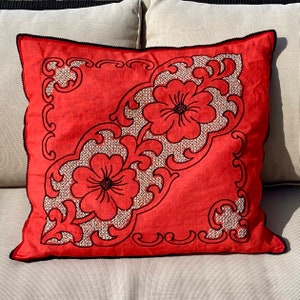 Vintage French Hand Embroidered Needlepoint Linen Cushion with Floral Motif, Decorative Red Vintage Throw Pillow with Cross Stitches