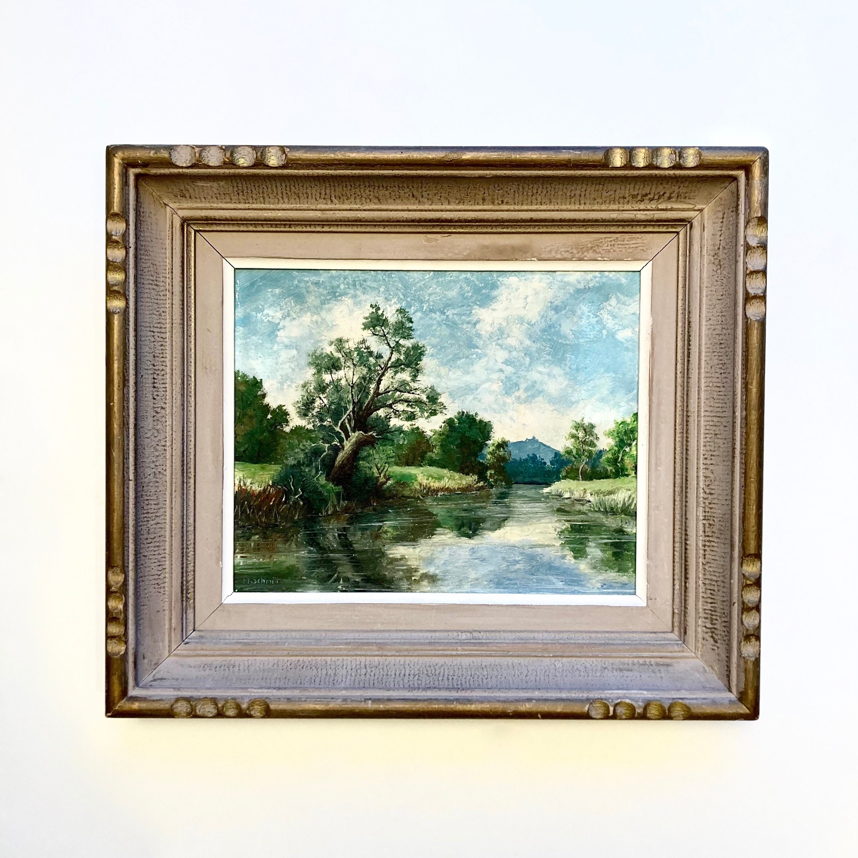 ヨーロッパ絵画直筆作品油絵 ヴィンテージ アルザス風景油絵、サイン入り フランス美術、1947年 額