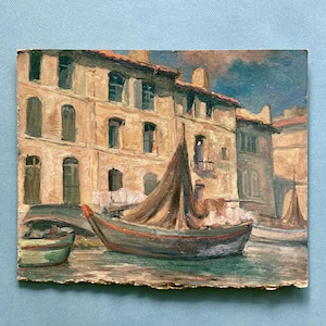 Pintura al óleo original francesa antigua sobre cartón, vista de un puerto del sur de Europa con barcos, arte náutico, pintura mediterránea