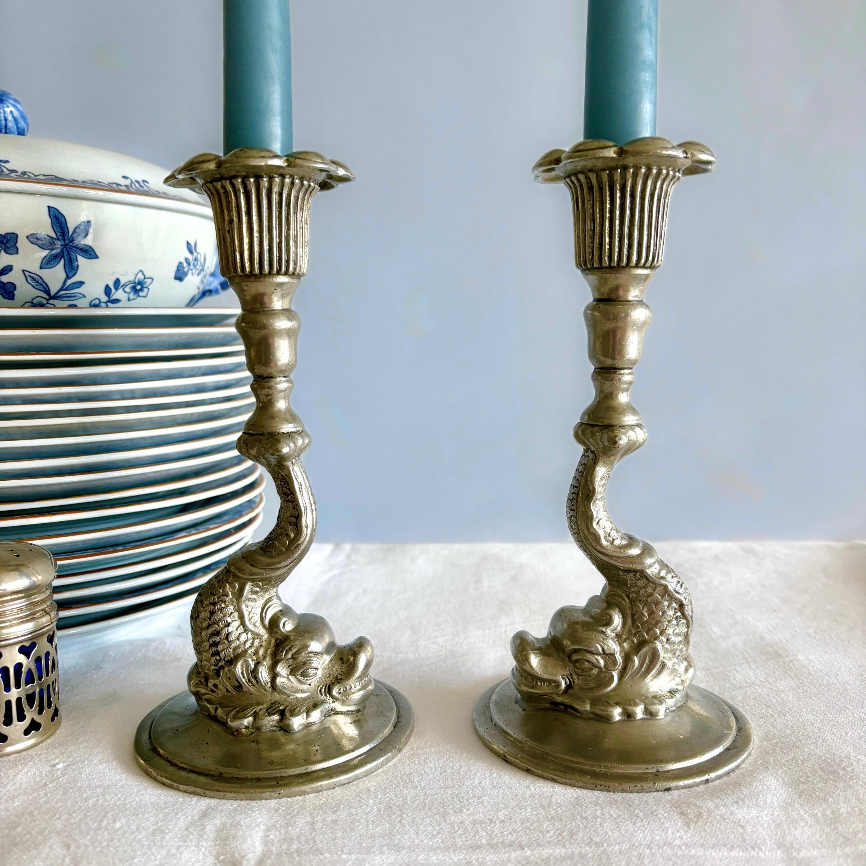 Pair of Vintage French Pewter Candlestick Holders: Classic Dolphin