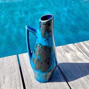 Vintage 1960s West German Fat Lava Vase by Scheurich Keramik Model 271-22, Blue Glaze with Black Stains, Mid-Century Vase with Handle