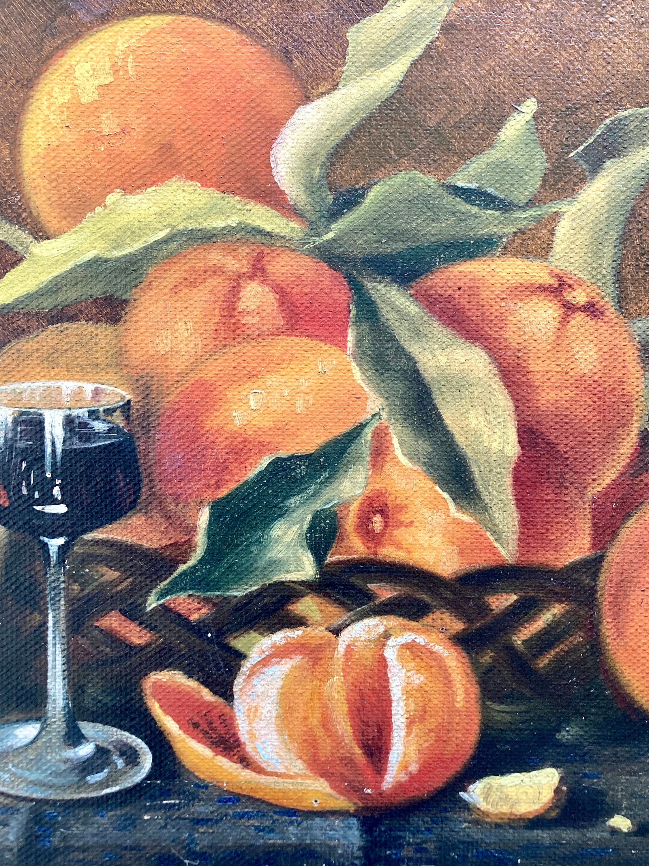 静物画 油彩画 ワインとチーズ　78×66 ヴィンテージフランスオリジナル油絵：オレンジと赤ワインのキッチン