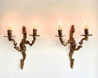 Vintage French Brass Wall Sconces: Hollywood Regency Chateau Decor