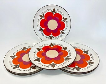 Ensemble de 6 assiettes de fromage Français vintage des années 1970 par Gien, vaisselle vintage colorée Français