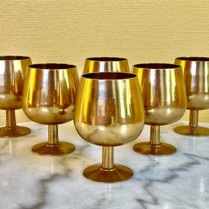 6 Mid-Century Swedish Brass Cocktail Glasses, Vintage Cognac Glasses in Copper Alloy, Metal Goblets, Vintage Hollywood Regency Barware