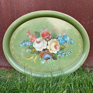 XL Vintage French Metal Tray with Hand-Painted Floral Decor