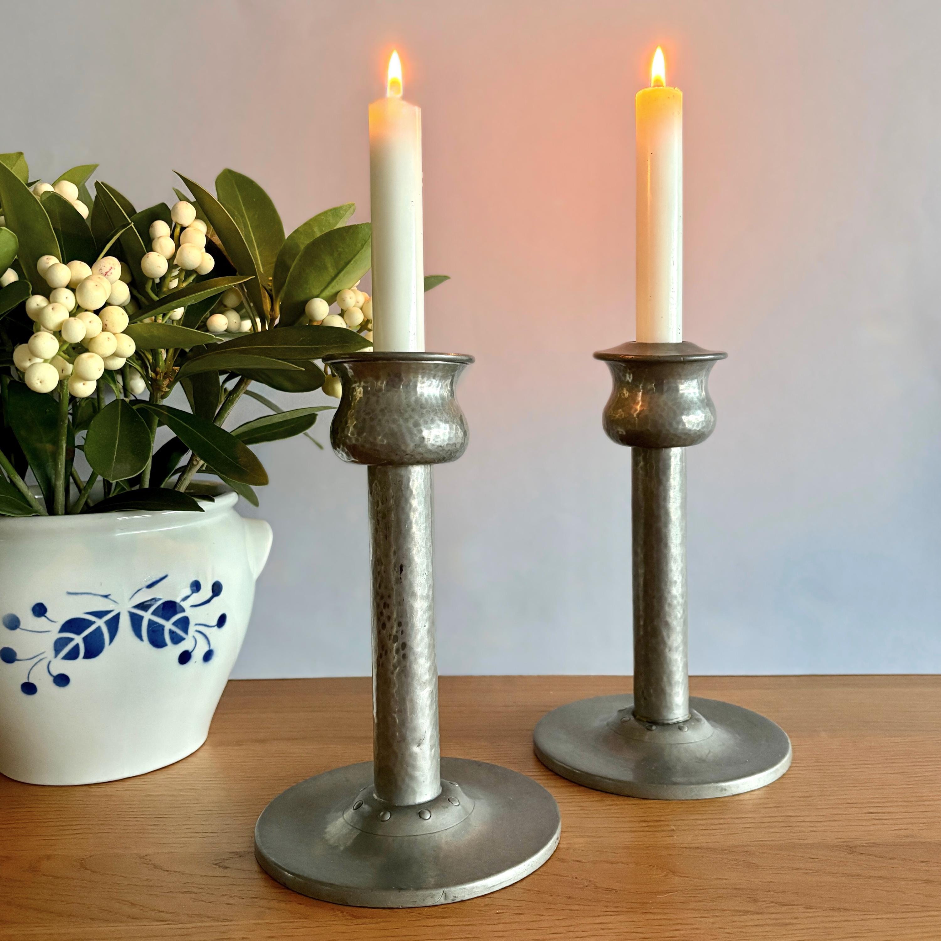Pair of Vintage 1930s English Candlestick Holders in Hand Beaten