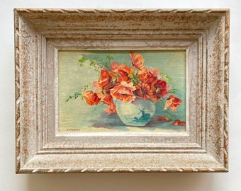 Petite peinture à l'huile originale française signée par l'artiste, encadrée, nature morte florale de coquelicots rouges dans un vase, petite oeuvre d'art floral décorative
