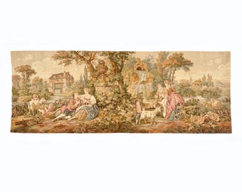 Tapisserie tissée française vintage XL : tenture murale en textile représentant une scène de campagne romantique