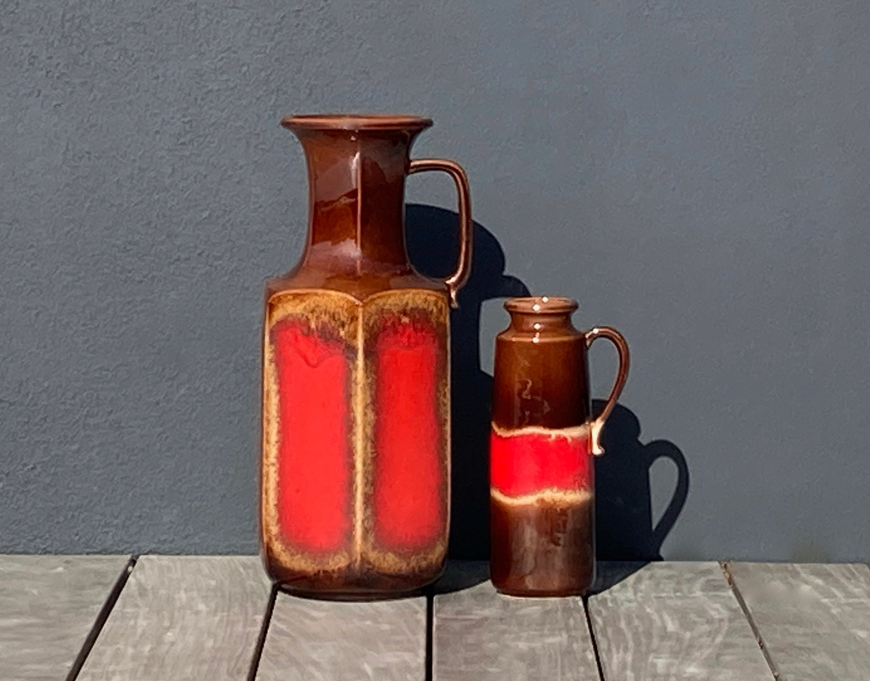 Deux Grands Vases Allemands de Lave Grasse Du Milieu Siècle Par Scheurich Keramik en Brun et Rouge