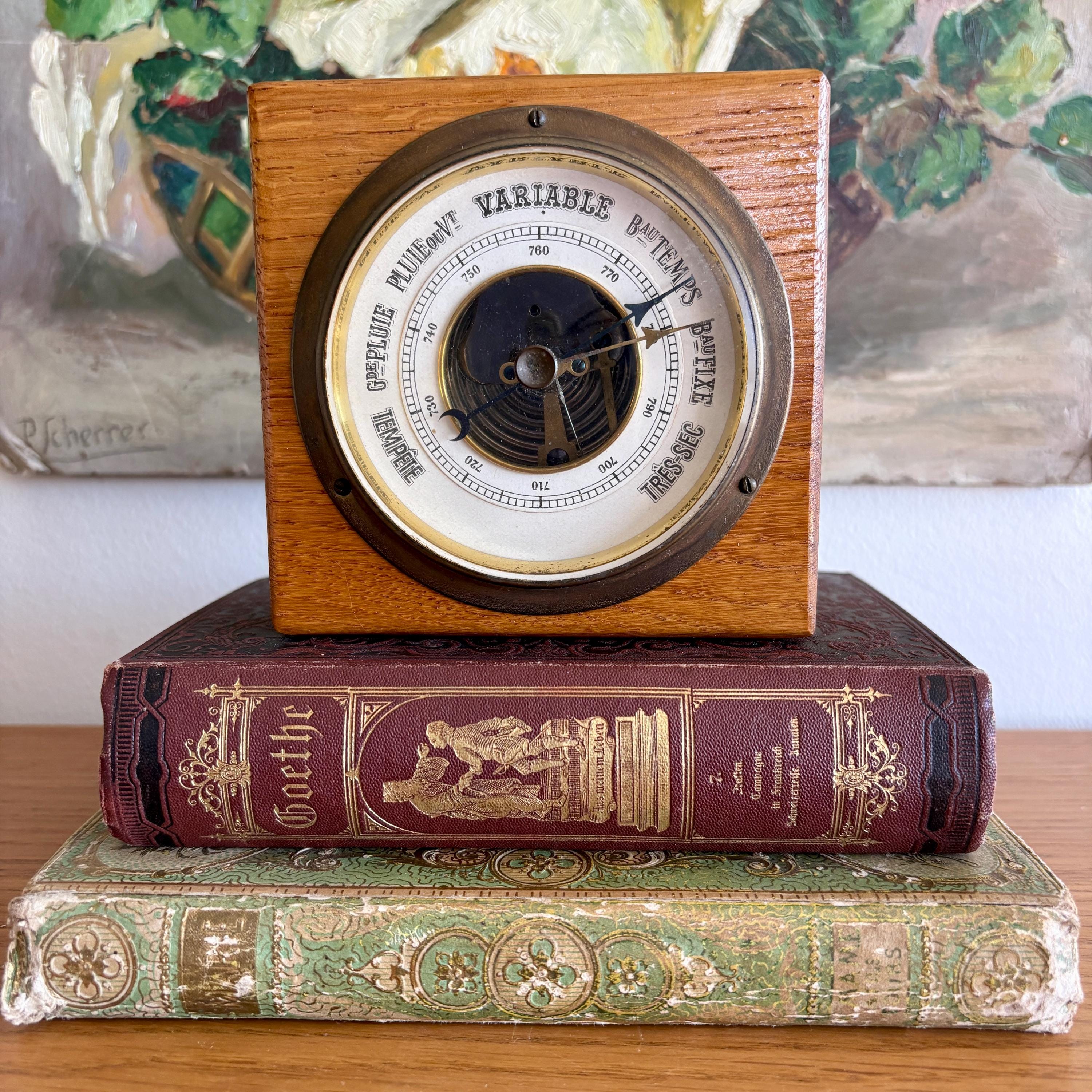 Ancien baromètre Barostar, France, thermomètre en étain vintage
