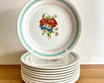 Ensemble de 10 assiettes à dessert vintage françaises en faïence par Moulin des Loup, décoration florale multicolore, fleurs sauvages, vaisselle vintage