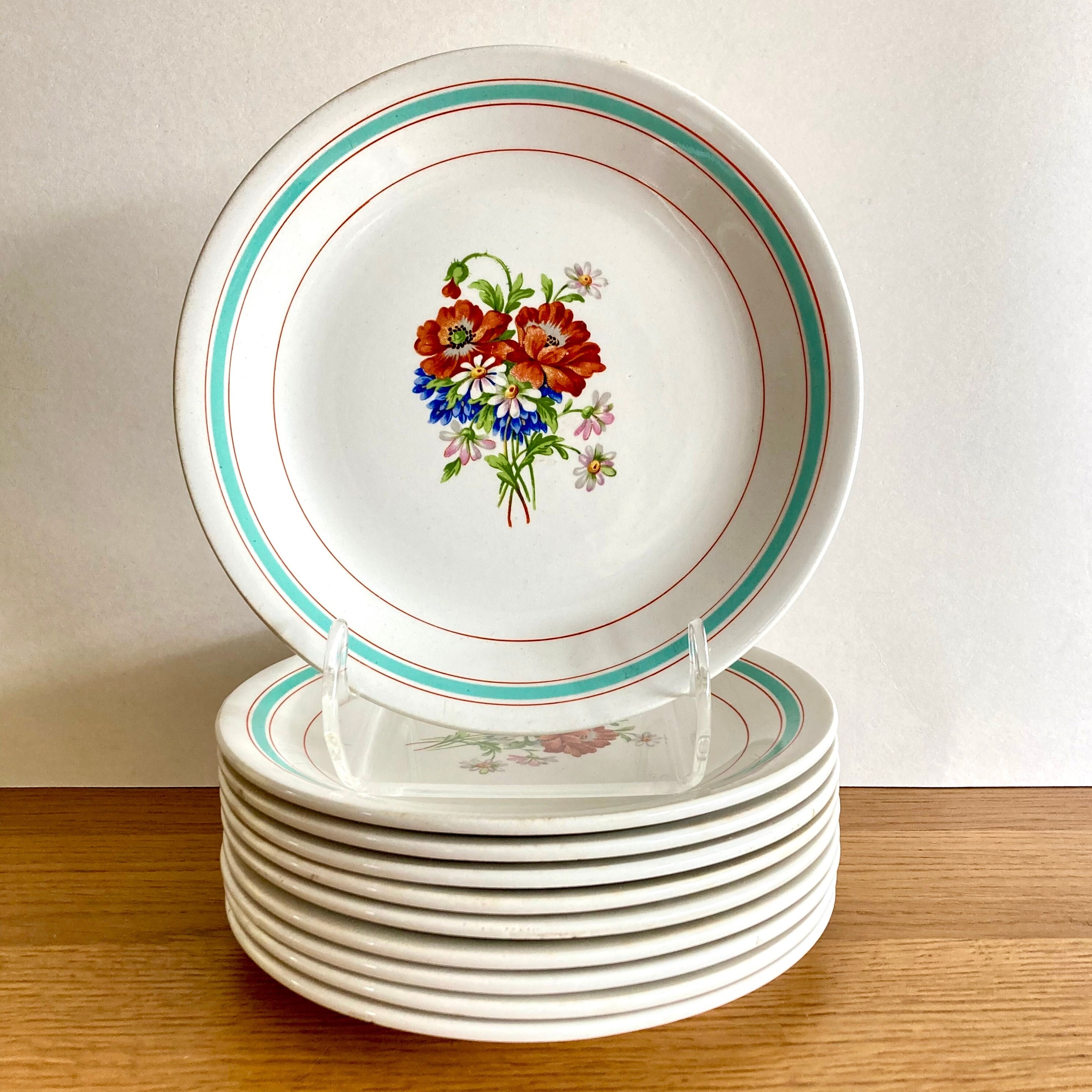 Ensemble de 10 assiettes à dessert vintage françaises en faïence par Moulin des Loup, décoration florale multicolore, fleurs sauvages, vaisselle vintage