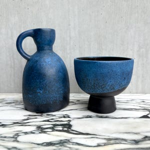 Vintage Ruscha Keramik Speckled Blue Vase and Bowl Set, 1960s West German Ceramics