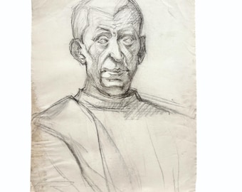 Large Vintage French Original Artist's Drawing: Charcoal Male Portrait