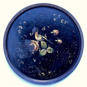 XXL Antique French Metal Tray with Flowers and Bird Decor, Round Serving Tray, Antique Table Top, Antique Wall Decor, Victorian Tray
