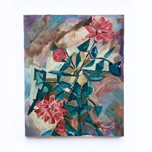 May include: Abstract painting of a floral arrangement with pink flowers and teal leaves on a white background.
