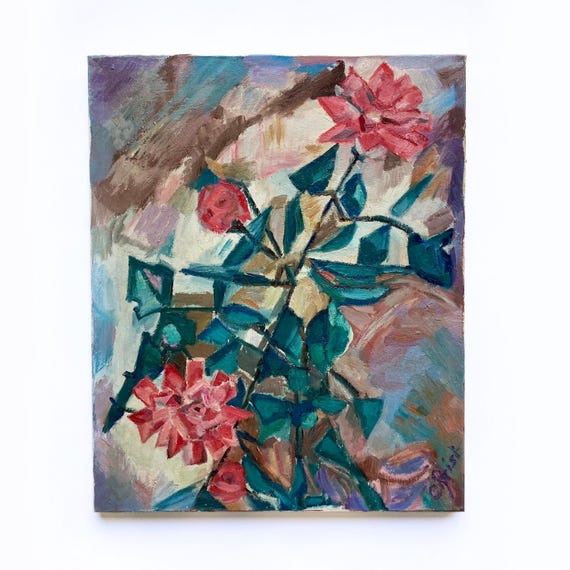 Vintage French Cubist Oil Painting: 1970s Signed Abstract Floral Still Life of Roses