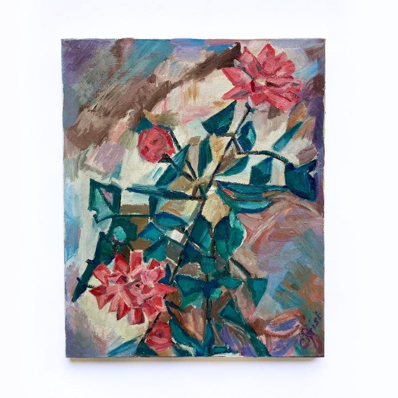 May include: Abstract painting of a floral arrangement with pink flowers and teal leaves on a white background.