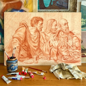 Gran pre-boceto original francés vintage en crayón rojo sobre cartón, dibujo con método de cuadrícula, reproducción La última cena de Leonardo Da Vinci