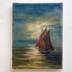 Pintura al óleo original francesa vintage sobre lienzo estirado, obra de arte sin marco de velero, escena náutica, decoración inspirada en la playa.