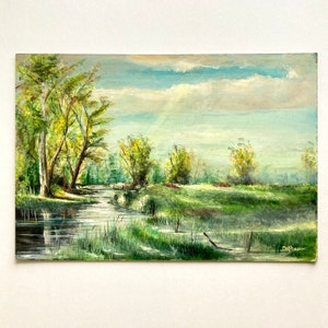 Vintage French Original Oil Painting on Hardboard Signed by Artist, Unframed Landscape, Romantic Scenery in Green and Blue