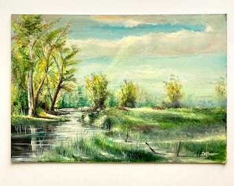 Vintage French Landscape Oil Painting: Signed Romantic Scenery
