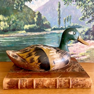 Vintage French Decoy Duck in Wood, Decorative Hand-Painted Wood Duck, Country Style Ornament, Wood Carved Bird