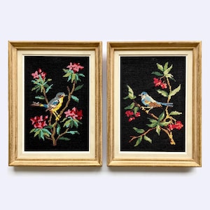 Pair of Vintage French Cross Stitch Wall Hangings, Framed Needlepoint Artwork with Birds and Flowers,