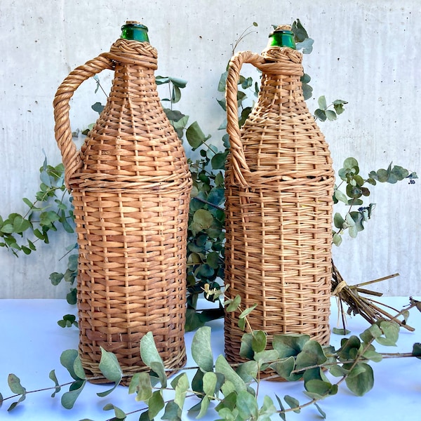 Two Large Vintage Handmade French Wicker Bottles with Handles, Wicker-Covered Wine Bottles in Green Glass, Decorative Demijohn Bottles