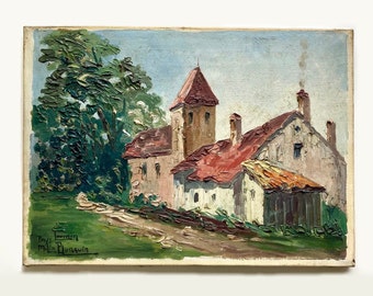 Vintage peinture à l'huile sur toile tendue originale française signée par l'artiste français Milio Burquin, paysage de campagne avec église de village