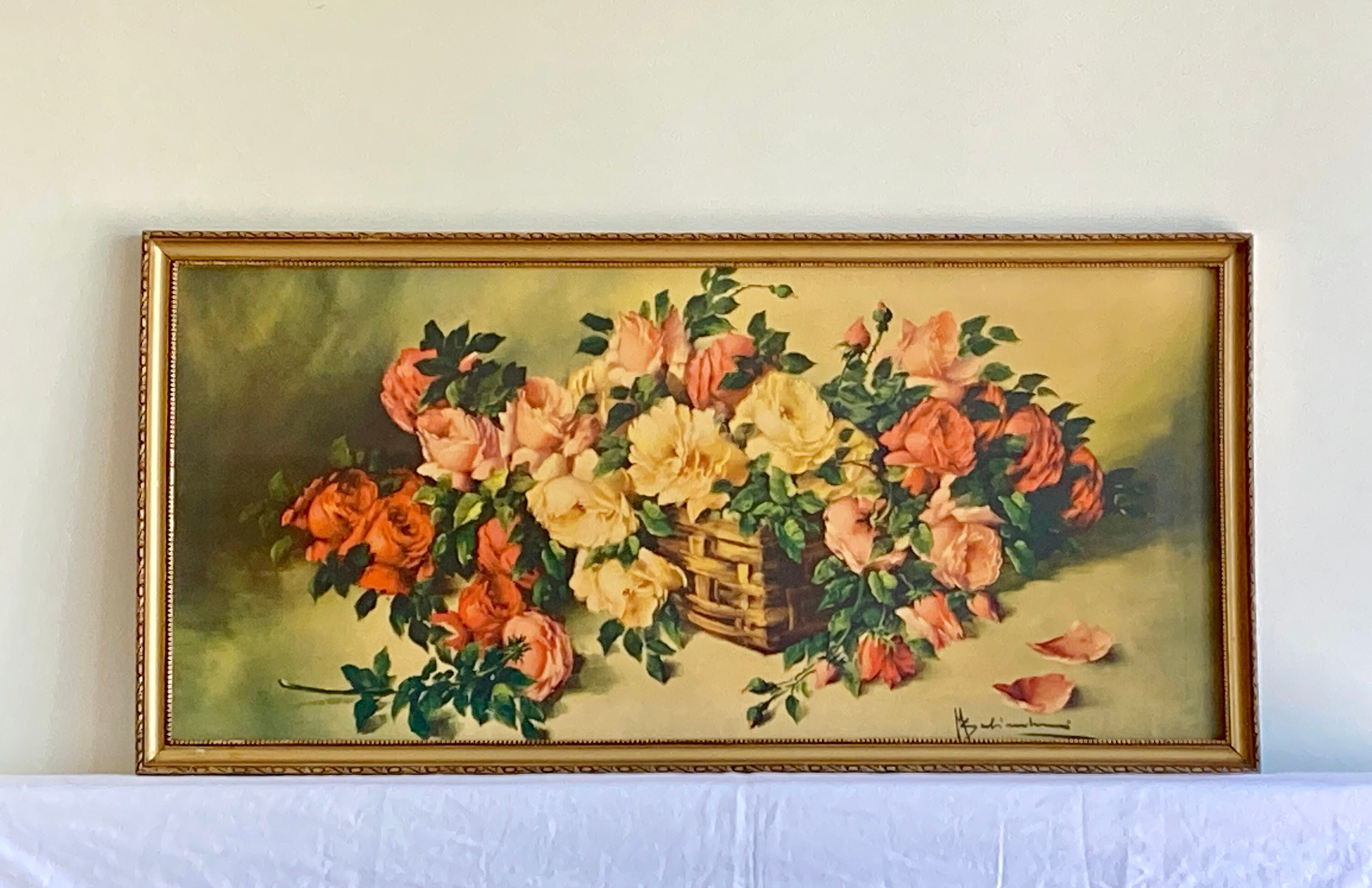 Grand Imprimé Vintage Français Fleurs, Roses Colorées Des Années 1940 Encadrées Sous Verre