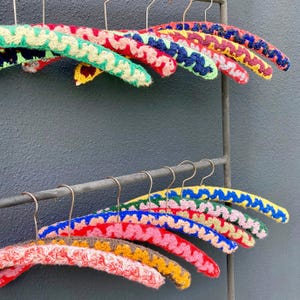 Collection of 13 Vintage French Crochet Coat Hangers, BoHo Chic Style Hangers, Vintage Hand-Made Hanger Covers, Colorful Hanger Sleeves