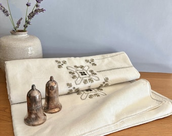Antique French Table Cloth in Linen: Square White Tablecloth with Hand Embroideries and Cutwork